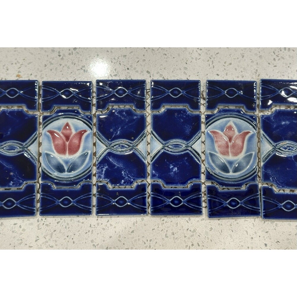 Retro Tulips Japan Cobalt Blue Splash / MAJOLICA Kitchen Bathroom Pool Tiles - Picture 4 of 9